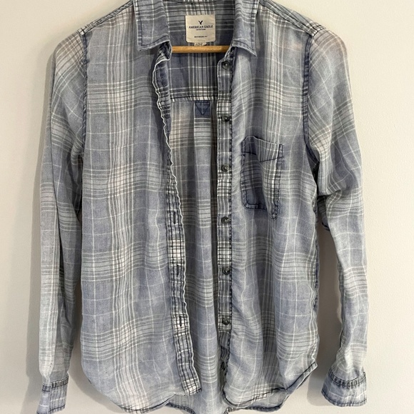 American Eagle Washed Blue Plaid Shirt XS - Picture 1 of 3